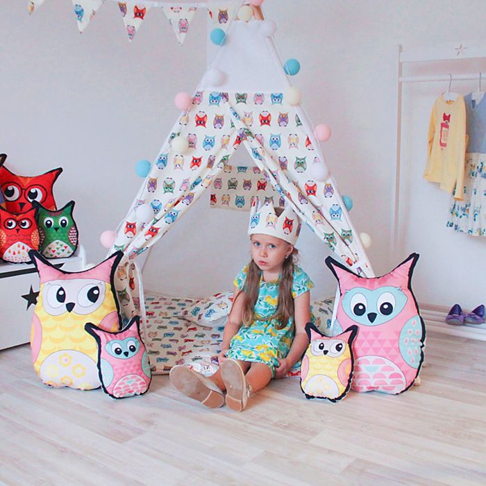 Вигвам для детей с окном, карманом, забавные совы, 110x110x160 см