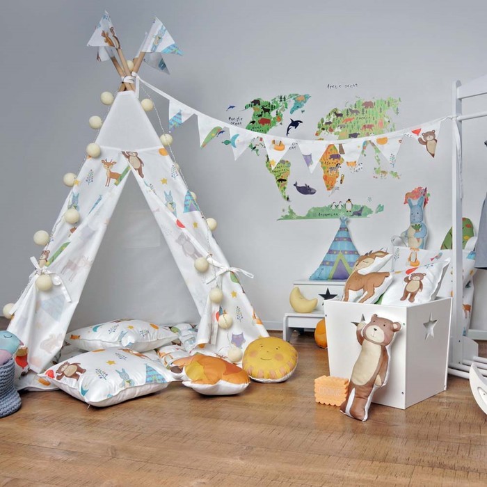 Вигвам для детей с окном, карманом и флажками, лесные жители, 110x110x160 см