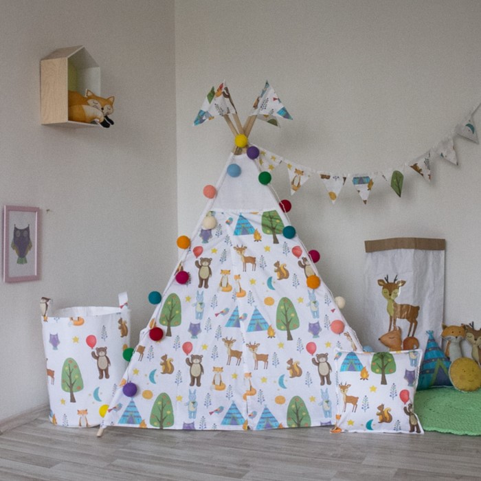 Вигвам для детей с окном, карманом и флажками, лесные жители, 110x110x160 см