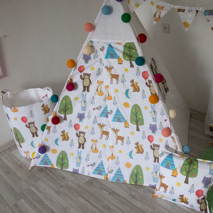 Вигвам для детей с окном, карманом и флажками, лесные жители, 110x110x160 см