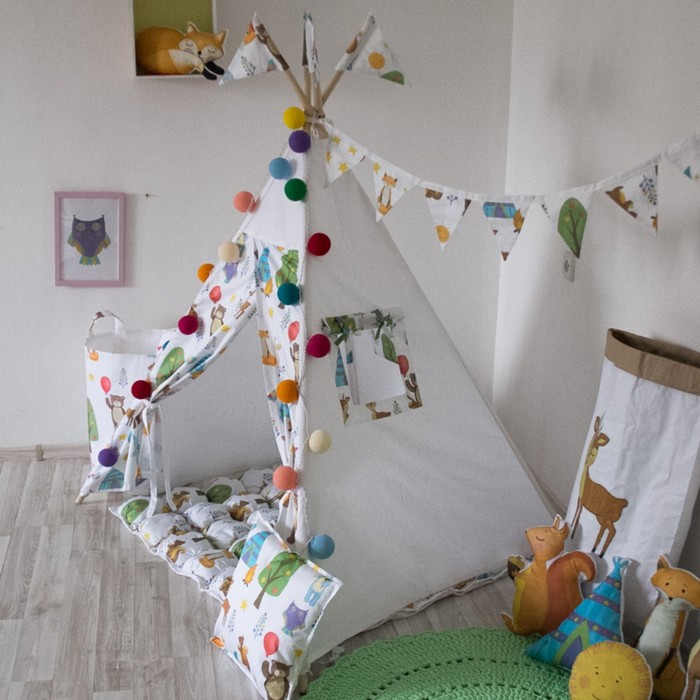 Вигвам для детей с окном, карманом и флажками, лесные жители, 110x110x160 см
