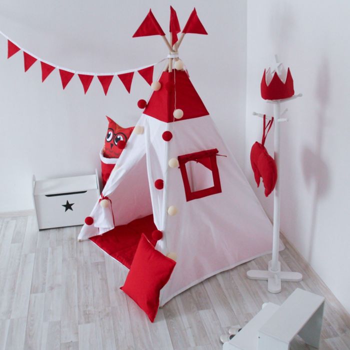 Вигвам для детей с окном, карманом и флажками, красный, 110x110x160 см