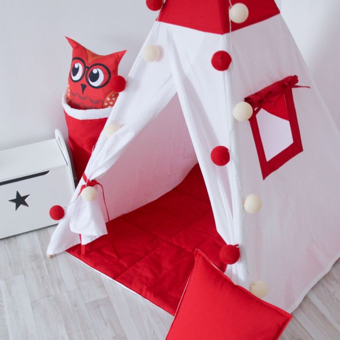 Вигвам для детей с окном, карманом и флажками, красный, 110x110x160 см