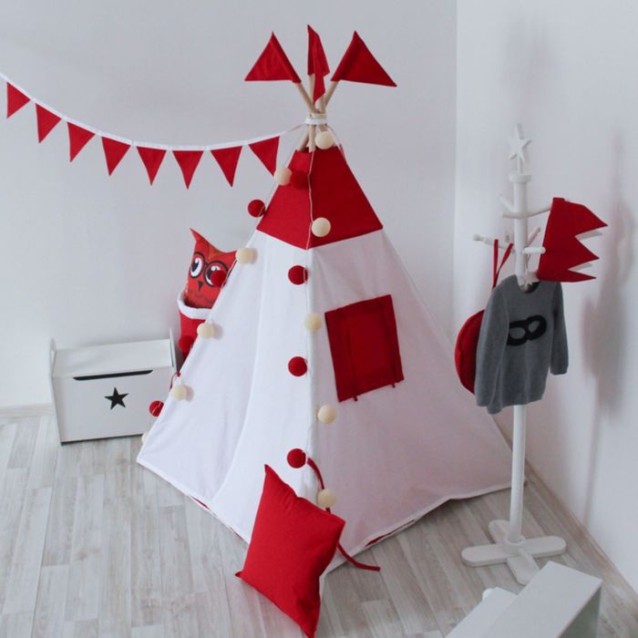 Вигвам для детей с окном, карманом и флажками, красный, 110x110x160 см