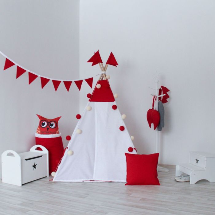 Вигвам для детей с окном, карманом и флажками, красный, 110x110x160 см