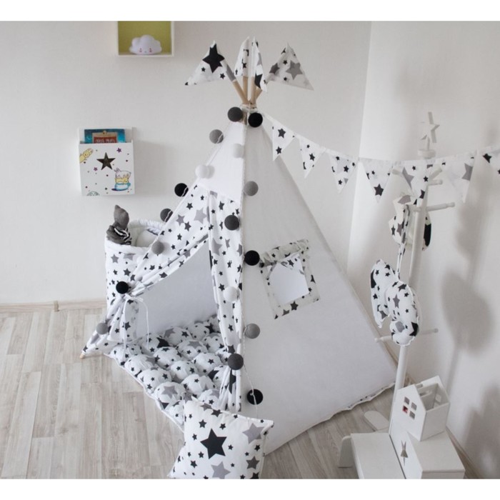 Вигвам для детей с окном, карманом и флажками, чёрные звезды, 110x110x160 см