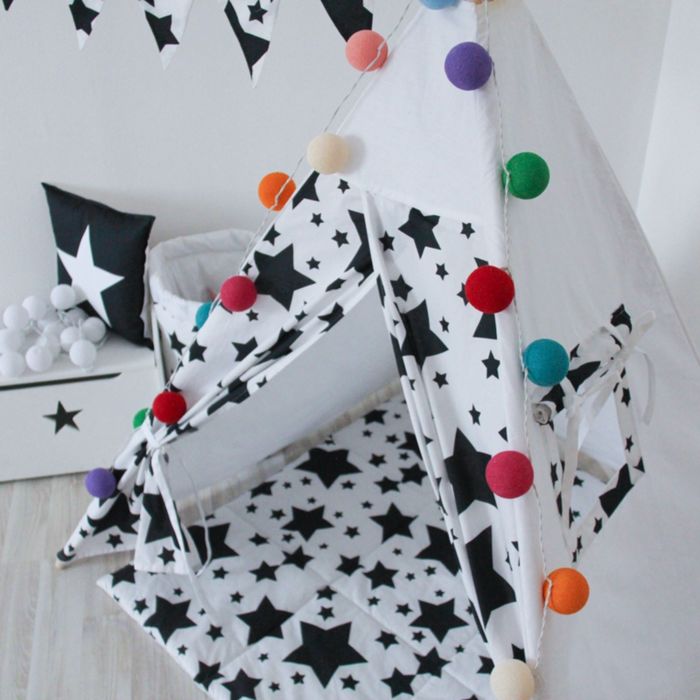 Вигвам для детей с окном, карманом и флажками, чёрные звезды, 110x110x160 см