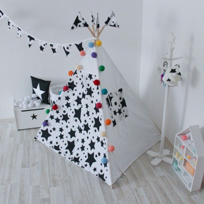 Вигвам для детей с окном, карманом и флажками, чёрные звезды, 110x110x160 см