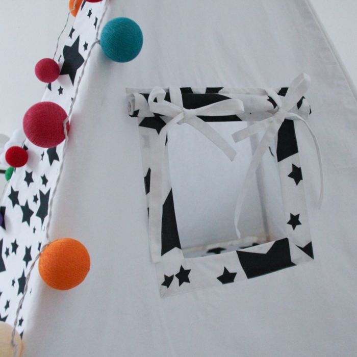 Вигвам для детей с окном, карманом и флажками, чёрные звезды, 110x110x160 см