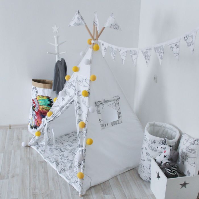 Вигвам-раскраска для детей с окном, карманом и флажками, 110x110x160 см
