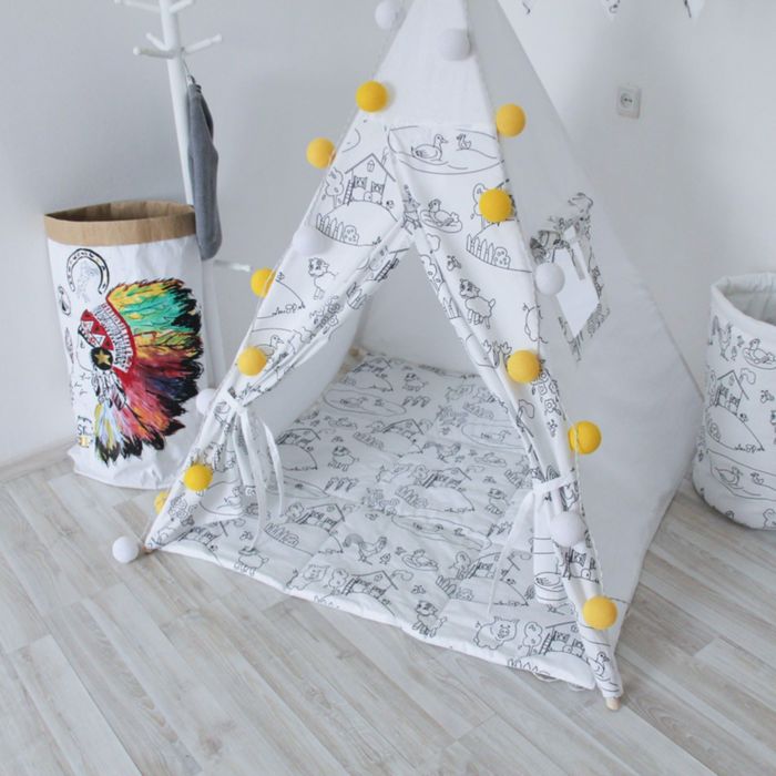 Вигвам-раскраска для детей с окном, карманом и флажками, 110x110x160 см