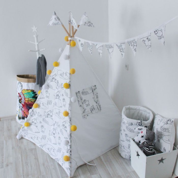 Вигвам-раскраска для детей с окном, карманом и флажками, 110x110x160 см