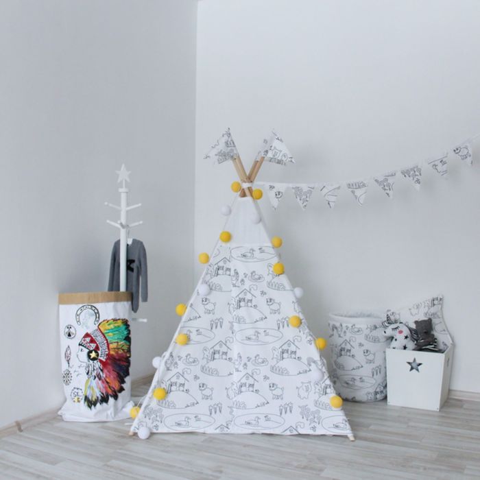 Вигвам-раскраска для детей с окном, карманом и флажками, 110x110x160 см