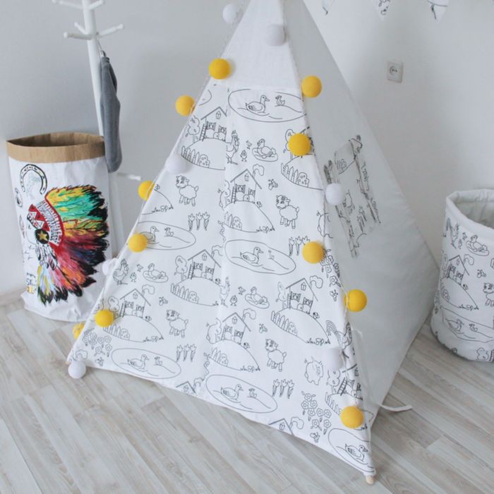 Вигвам-раскраска для детей с окном, карманом и флажками, 110x110x160 см