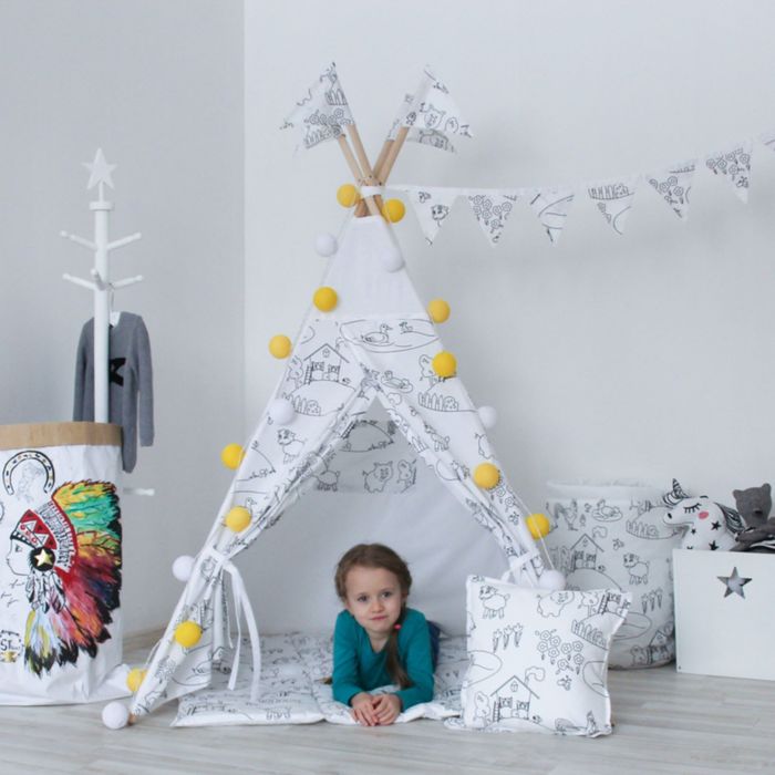 Вигвам-раскраска для детей с окном, карманом и флажками, 110x110x160 см