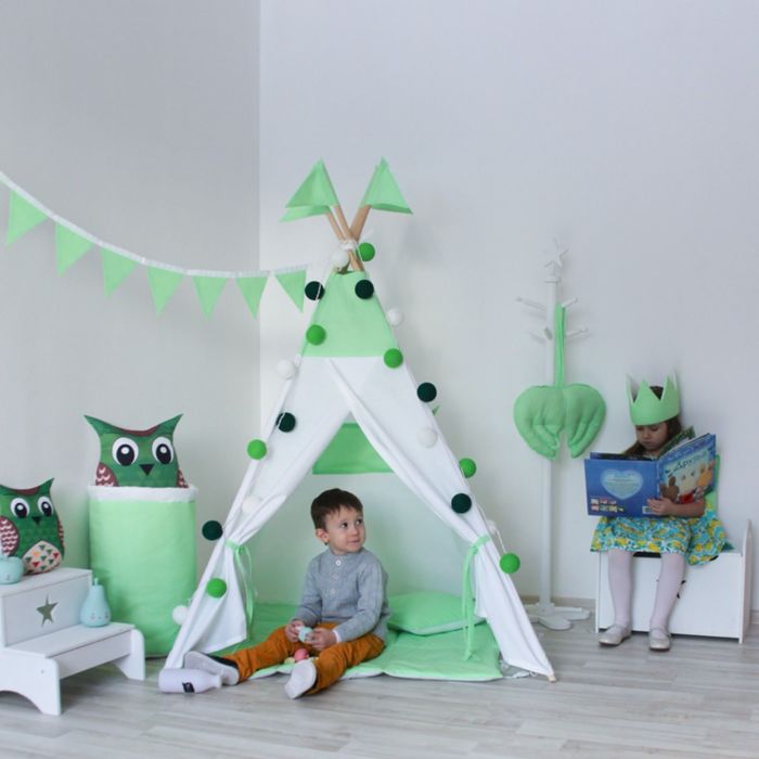 Вигвам для детей с окном, карманом и флажками, лайм, 110x110x160 см