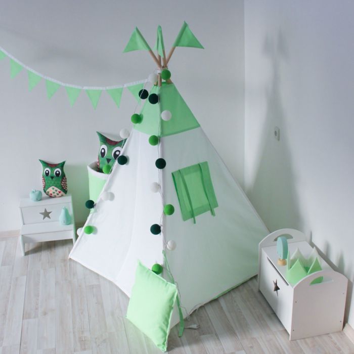 Вигвам для детей с окном, карманом и флажками, лайм, 110x110x160 см