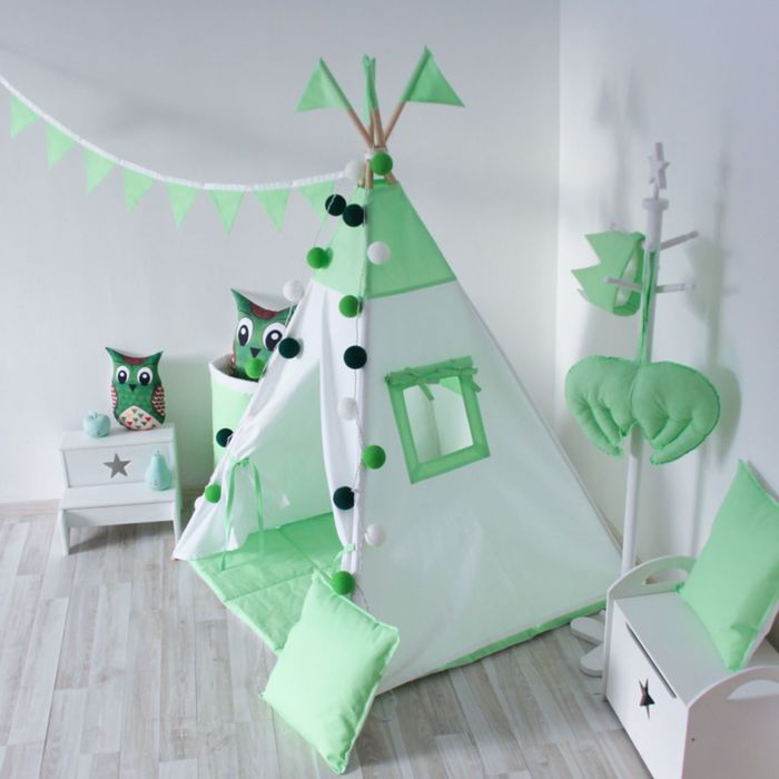 Вигвам для детей с окном, карманом и флажками, лайм, 110x110x160 см