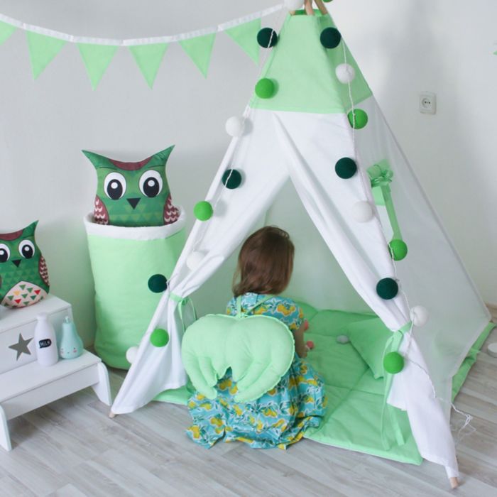 Вигвам для детей с окном, карманом и флажками, лайм, 110x110x160 см