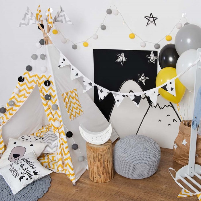 Вигвам для детей с окном, карманом и флажками,жёлтый зигзаг, 110x110x160 см