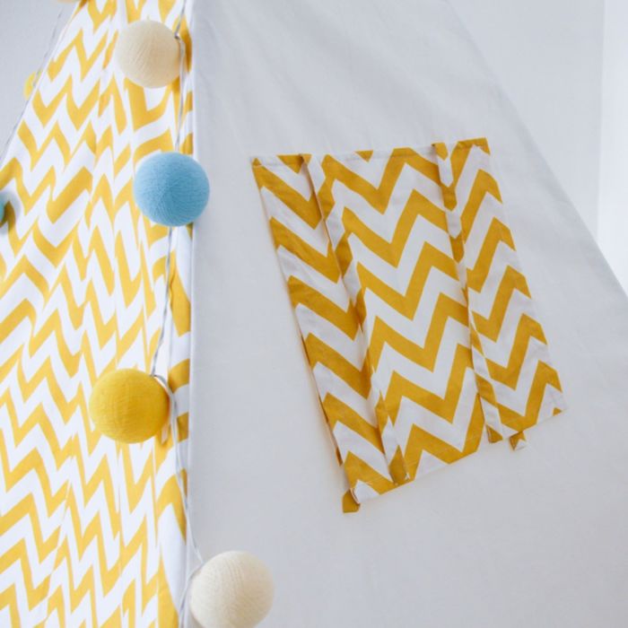 Вигвам для детей с окном, карманом и флажками,жёлтый зигзаг, 110x110x160 см