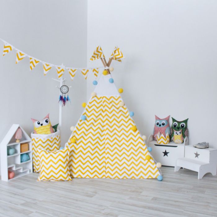 Вигвам для детей с окном, карманом и флажками,жёлтый зигзаг, 110x110x160 см