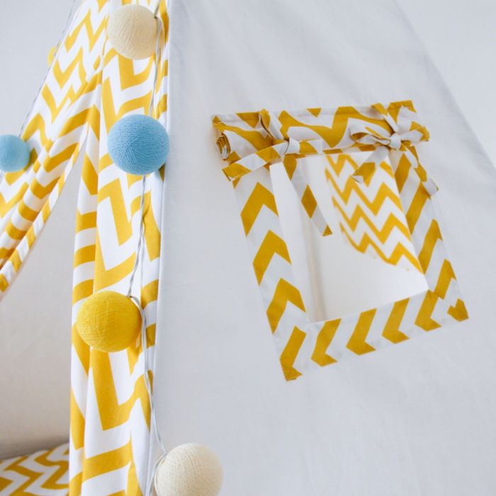 Вигвам для детей с окном, карманом и флажками,жёлтый зигзаг, 110x110x160 см