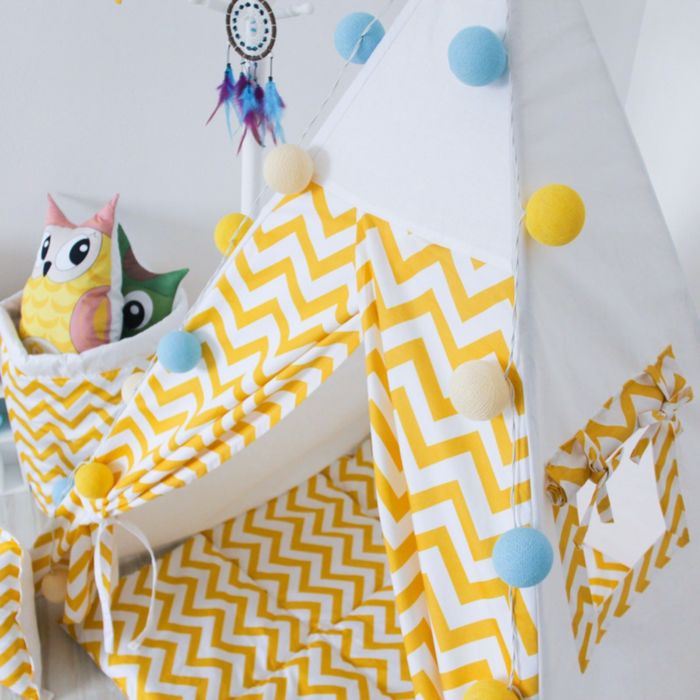 Вигвам для детей с окном, карманом и флажками,жёлтый зигзаг, 110x110x160 см