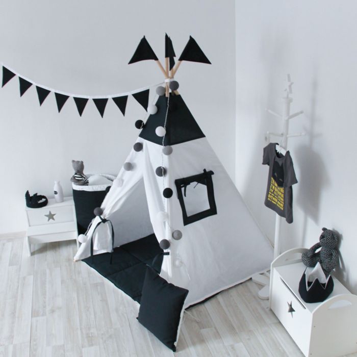 Вигвам для детей с окном, карманом и флажками, чёрно-белый, 110x110x160 см