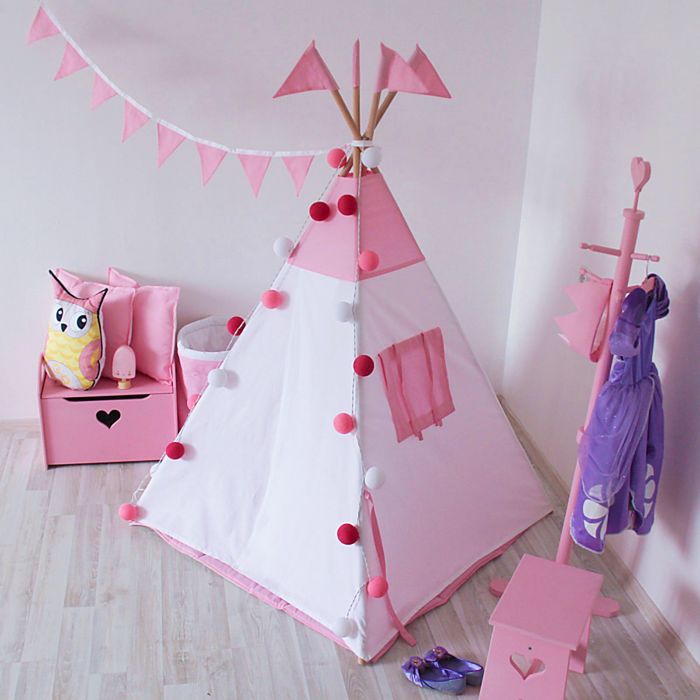 Вигвам для детей с окном, карманом и флажками, розовый, 110x110x160 см