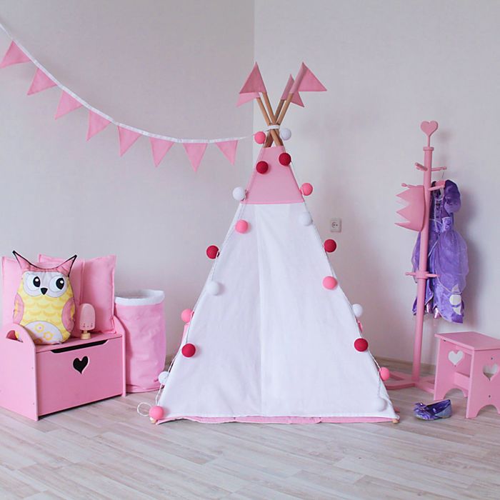 Вигвам для детей с окном, карманом и флажками, розовый, 110x110x160 см