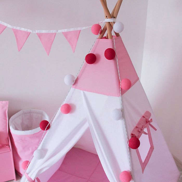 Вигвам для детей с окном, карманом и флажками, розовый, 110x110x160 см