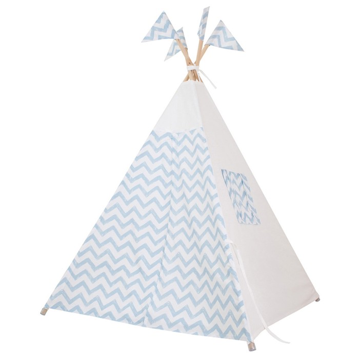 Вигвам для детей с окном, карманом и флажками, голубой зигзаг, 110x110x160 см