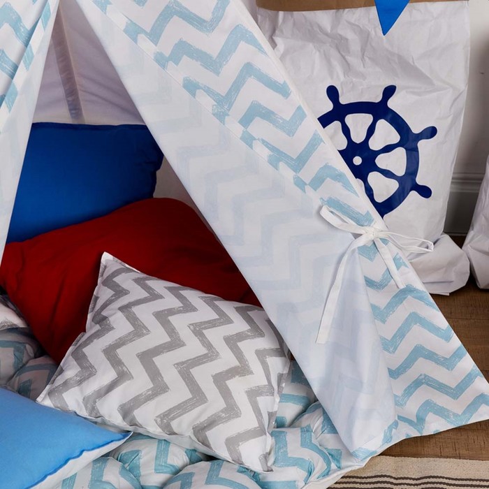 Вигвам для детей с окном, карманом и флажками, голубой зигзаг, 110x110x160 см
