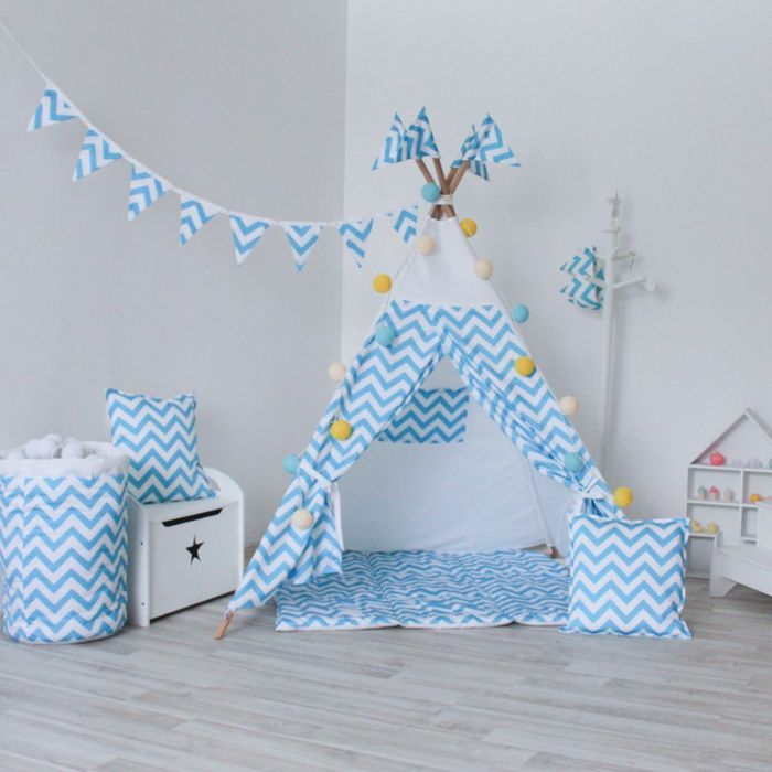 Вигвам для детей с окном, карманом и флажками, голубой зигзаг, 110x110x160 см