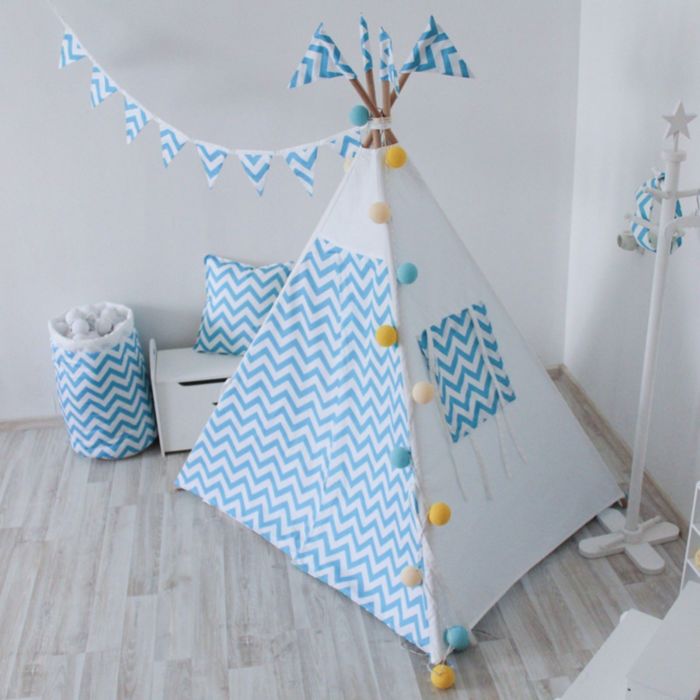 Вигвам для детей с окном, карманом и флажками, голубой зигзаг, 110x110x160 см