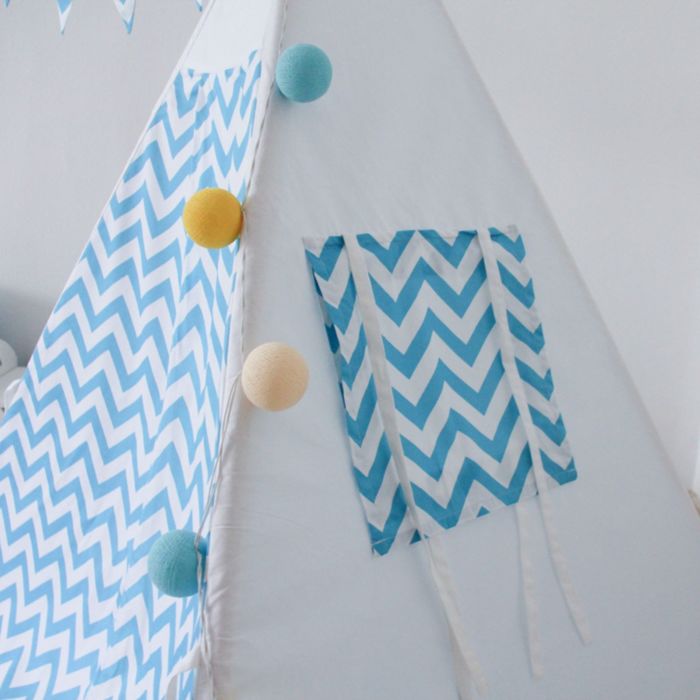 Вигвам для детей с окном, карманом и флажками, голубой зигзаг, 110x110x160 см