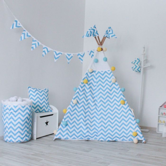 Вигвам для детей с окном, карманом и флажками, голубой зигзаг, 110x110x160 см