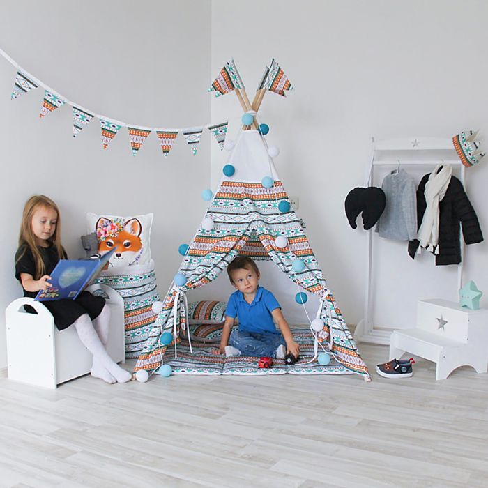Вигвам для детей с окном, карманом и флажками, Ацтек, 110x110x160 см