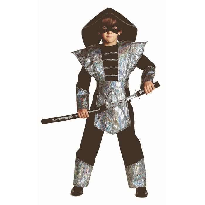 Карнавальный костюм "Ниндзя в серебре", бархат, парча, р-р 34, рост 128 см