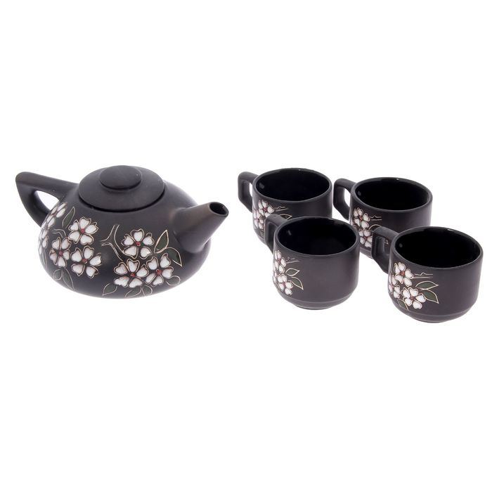 Чайный набор черная матовая глазурь "Сакура", чайник плоский, 1 л, чашка с ручкой