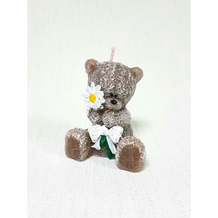 Свеча "Ручная работа" "Мишка коричневый с белым бантом" 8 см.