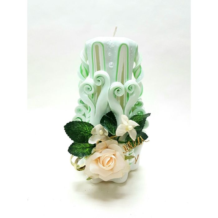 Свеча "Ручная работа" резная 15-17см "Свадебная с розой" мятная