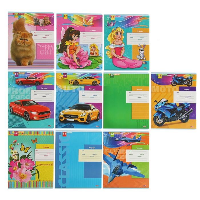 Тетрадь 12 листов косая линейка "Микс-19", обложка картон хромэрзац, 5 видов МИКС
