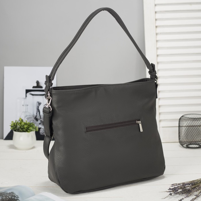 Сумка женская на молнии, 1 отдел, 3 наружных кармана, длинный ремень, цвет тёмно-серый