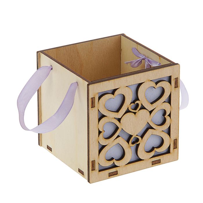 Подарочная коробка "Сердца", фиолетовая, ручка- лента, 10х10х10см
