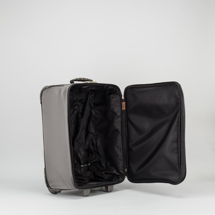 Чемодан малый на молнии, 1 отдел, наружный карман, 2 колеса, кодовый замок, цвет серый/аллюминий