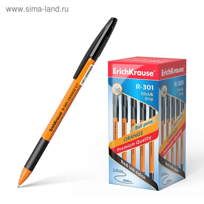 фото Ручка шариковая erich krause r-301 orange stick & grip, узел 0.7 мм, стержень чёрный, резиновый упор, длина линии письма 1000 метров erichkrause