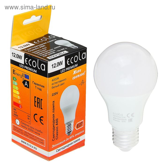фото Лампа светодиодная ecola premium, a60, e27, 12 вт, 4000 k, 110x60 мм, дневной белый