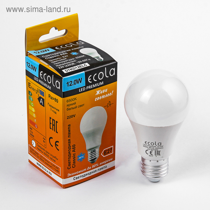 фото Лампа светодиодная ecola premium, a60, 12 вт, е27, 6500 k, 110x60 мм